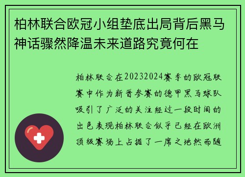 柏林联合欧冠小组垫底出局背后黑马神话骤然降温未来道路究竟何在 柏林联合欧冠小组垫底出局背后黑马神话骤然降温未来道路究竟何在