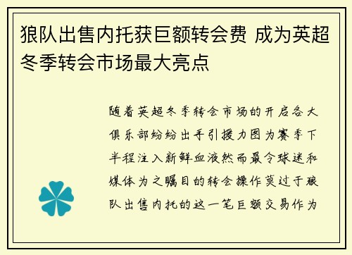 狼队出售内托获巨额转会费 成为英超冬季转会市场最大亮点 狼队出售内托获巨额转会费 成为英超冬季转会市场最大亮点